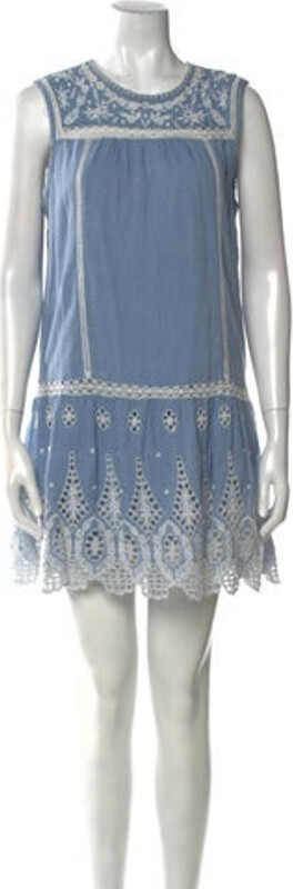 Joie Shift Dress Blue Scalloped, Eyelet & Embroidered Accents Sleeveless with Crew Neck Button Closure at Back Designer