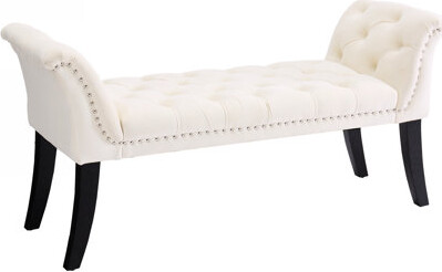 Armrest Beige Velvet Footrest Bench, For Bedroom, Living Room, Dining Entryway, Contemporary Design Rectangular Bench With Armrest, Dining, Classic