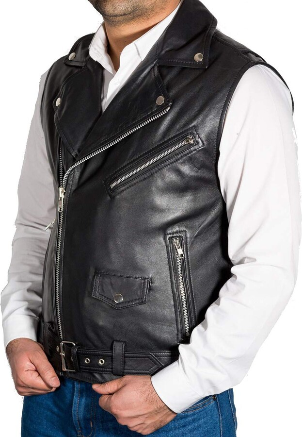 A to Z Leather Mens Black Real Leather Biker Fitted Brando Stylish  Waistcoat Gilet (Sleeveless Jacket) - ShopStyle