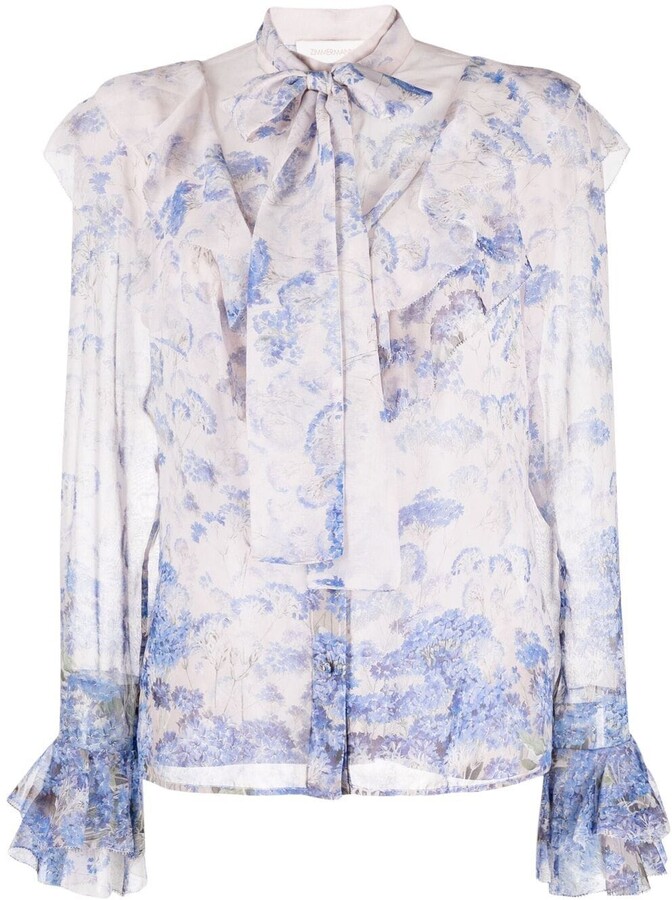 Zimmermann CornflowerPrint Pussybow Blouse ShopStyle Tops