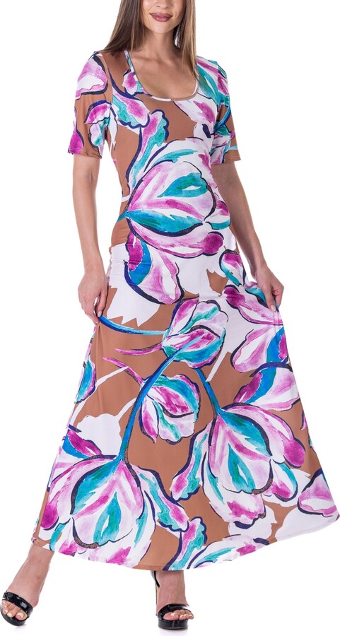 24seven Comfort Apparel Women's Print Elbow Sleeve Casual A Line Maxi Dress