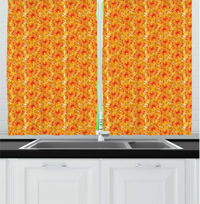 East Urban Home Orange Tropic Summer Hibiscus and Monstera in Warm Tone Kitchen Curtain