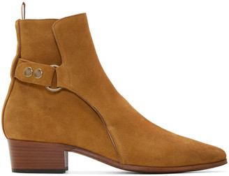 Saint Laurent Tan Suede Snap French Ankle Boots