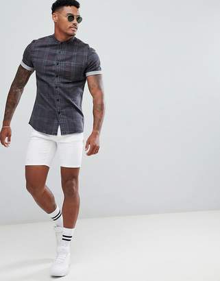 ASOS Design DESIGN skinny denim check shirt in grey with grandad collar