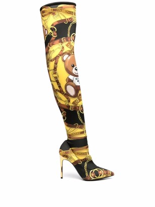 Moschino Teddy-print thigh-high boots