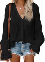 Thumbnail for your product : APOONABA Womens Lace Tops V Neck Casual Bell Long Sleeve Blouse Loose T Shirts Tunic Top Black