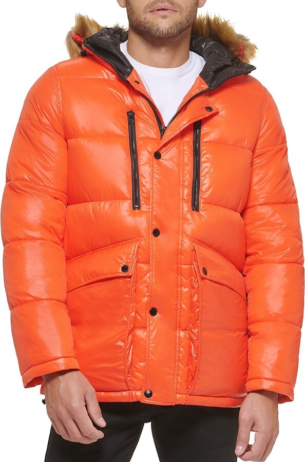 Cult of Individuality Down Puffer Jacket with Faux Fur Hood in Orange