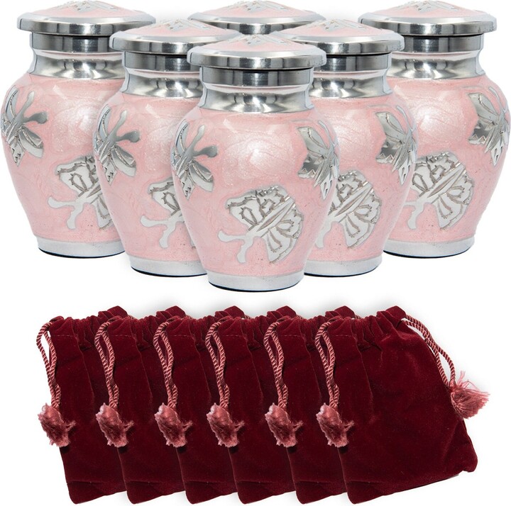 Pink Butterfly Keepsake Cremation Urns, Funeral Tokens, Set Of Six & Silver Urns