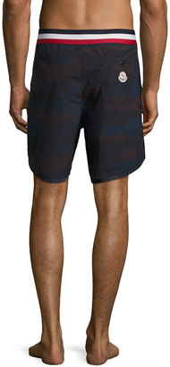Moncler Camouflage Tricolor-Band Swim Trunks, Navy
