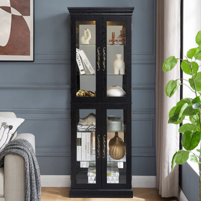 Ophelia & Co. Elegant Lighted Glass Curio Display Cabinet - Wooden Frame Storage For Living Room, Kitchen & Pantry - Includes Light Bulb - Ideal For Wine, Toys & Co