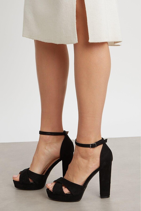 open toe black heels with strap