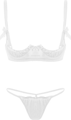 inlzdz Womens Mini Lingerie Set 1/4 Cups Underwired Shelf Bra with T-Back  Briefs Thong Underwear White One Size - ShopStyle