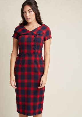 ModCloth Radiantly Retro Midi Sheath Dress in Red Plaid in S - Short Sleeve