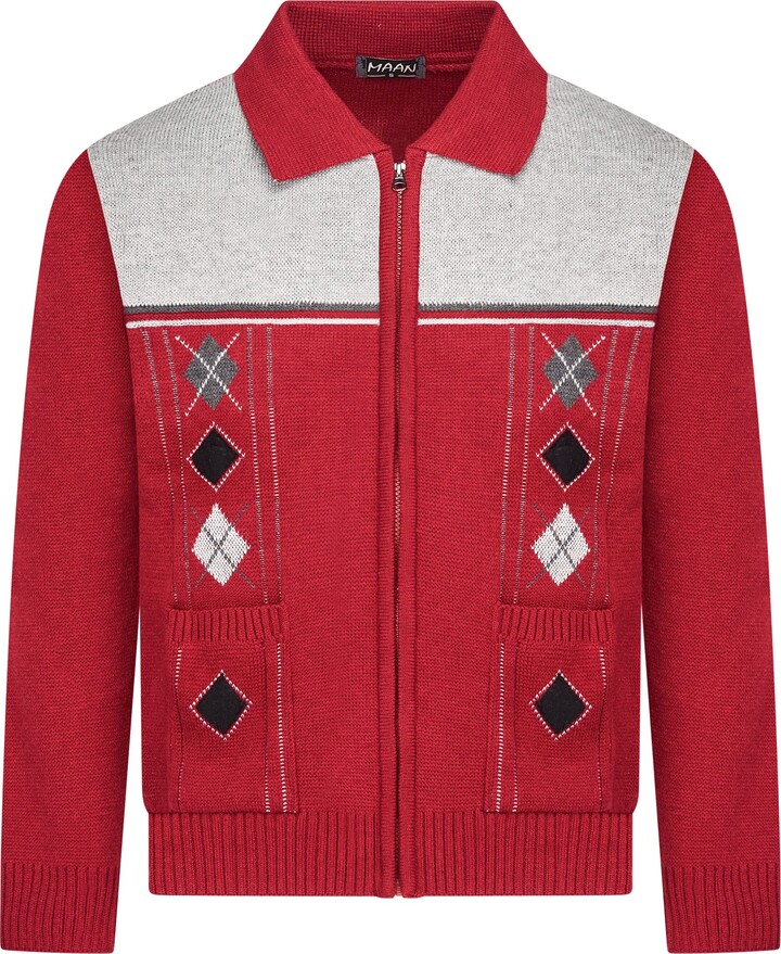Maan Store Mens Knitted Cardigan Chunky Knit with Full Zip Front