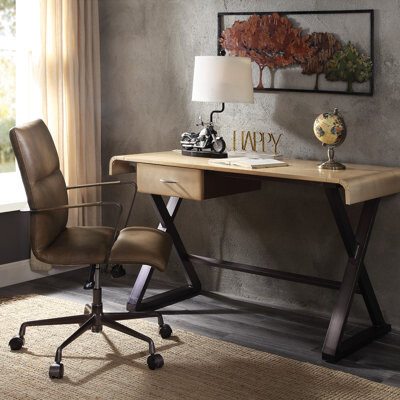 Orren Ellis Danton Gold Aluminum Rectangular Writing Desk With Spacious Drawer And Modern X-Shape Trestle Base, Perfect For Home Or Office Use.