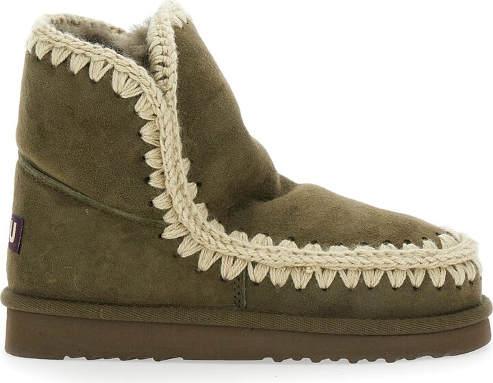 Mou 'eskimo' Green Ankle Boots With Crochet Details And Logo Patch On The Rear In Suede Woman