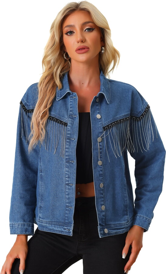 DARING DIVA Women’s Button Front Western Cowgirl Tassel Beads Fringe Denim Jacket XS Blue