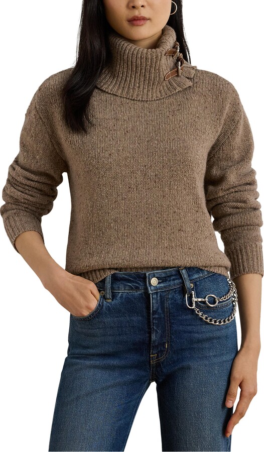Wool Blend Buckle Trim Turtlneck Sweater