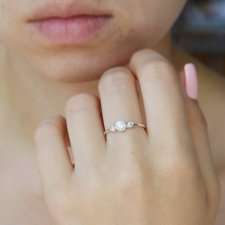 Etsy Unique Bezel Cut 3 Stone Womens Promise Ring, Sterling Silver Simple Ring For Her, Small & Dainty Elegant