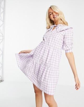 Influence mini dress with collar in lilac gingham