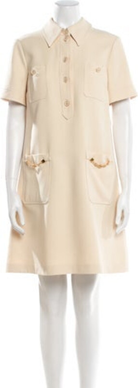 Gucci Silk Shirtdress From the 2021 Collection by Alessandro Michele Neutrals Interlocking G Logo & Running GG Logo Chain-Link Accents Short Sleeve with Collar Concealed Zip Closure at Back Designer