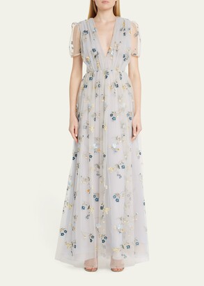 J. Mendel Floral-Embroidered Pleated Gown