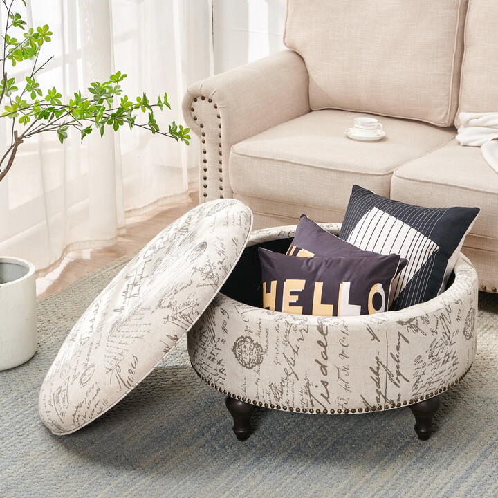 Nathaniel Home, 30" Round Storage Ottoman Footstool with Removable Lid, Button Tufted Ottoman Coffee Table with Legs, Large Ottoman with Storage for Bedroom, Beige