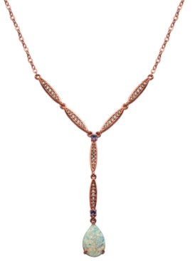 PRIME ART & JEWEL Lab Created Opal (12 x 8 mm) Cubic Zirconia Accent Lariat Necklace in Rose Gold Plated Sterling Silver