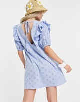 Thumbnail for your product : ASOS Petite DESIGN Petite broderie v neck mini dress with short sleeves and shoulder frill in chambray blue