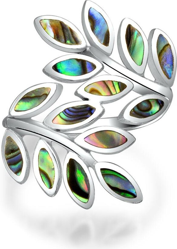 Bling Jewelry Nature Ivy Rainbow Shell Nature Wrap Ivy Laurel Vine Leaf Bypass Abalone Ring .925 Sterling Silver