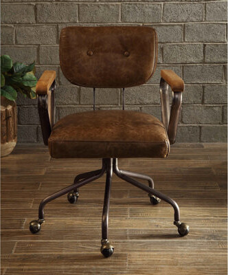 Inbox Zero Black Leather Office Chair - Mid-Back With Button Upholstery And Armrest Design Swivel Seat Tilt Function 5 Metal Base Fixed Wooden For Fashion Sense