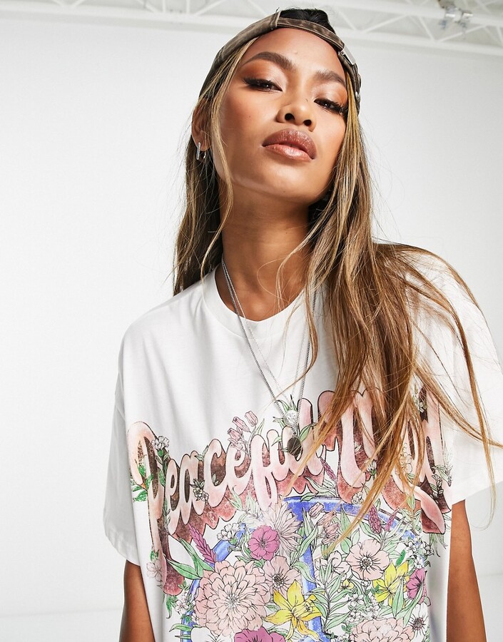 Bershka floral graphic print oversized tee in white - ShopStyle T-shirts