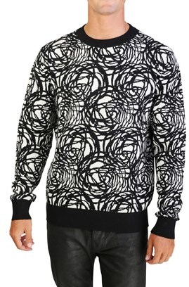 Christian Dior Virgin Wool Patterned Crewneck Sweater Black White.