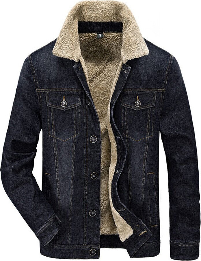 SZAWSL Mens Plus Velvet Warm Fur Collar Slim Fit Denim Jacket Outwear Parka  Tops (UK Small(Asian L) - ShopStyle