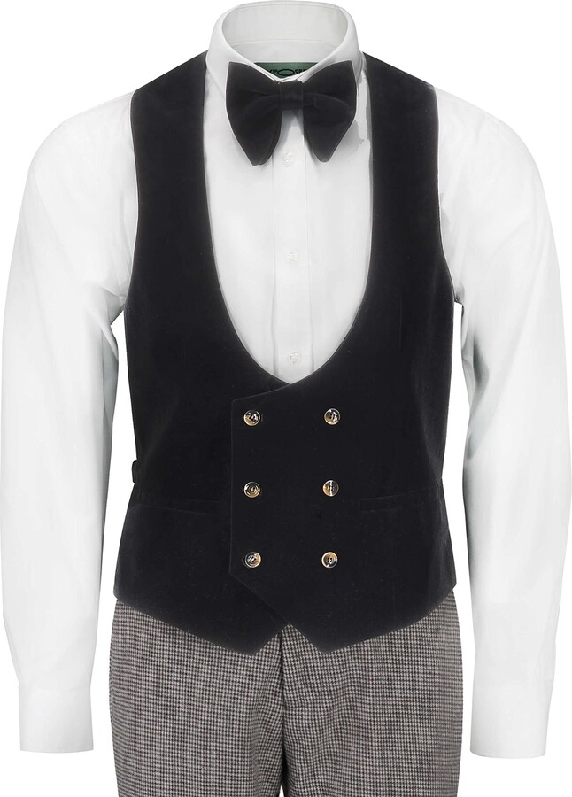 Xposed Men’s Houndstooth Double Breasted Waistcoat Wool Blend Brown