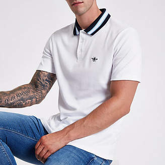 River Island White stripe collar muscle fit polo shirt