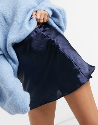ASOS Petite DESIGN Petite mini hi-shine satin slip skirt in navy