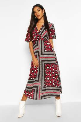 boohoo Leopard Geo Print Ruffle Sleeve Midaxi Dress