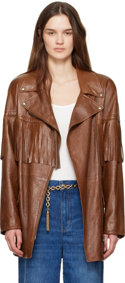 Chloé Brown Belted Fringed Leather Jacket