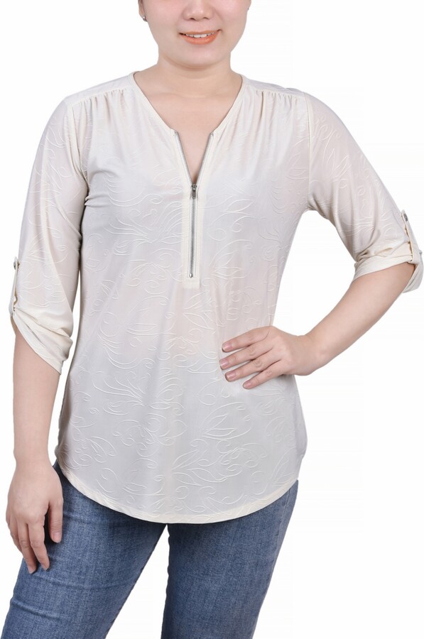 NY Collection Petite 3/4 Roll Tab Zip Front Jacquard Knit Top