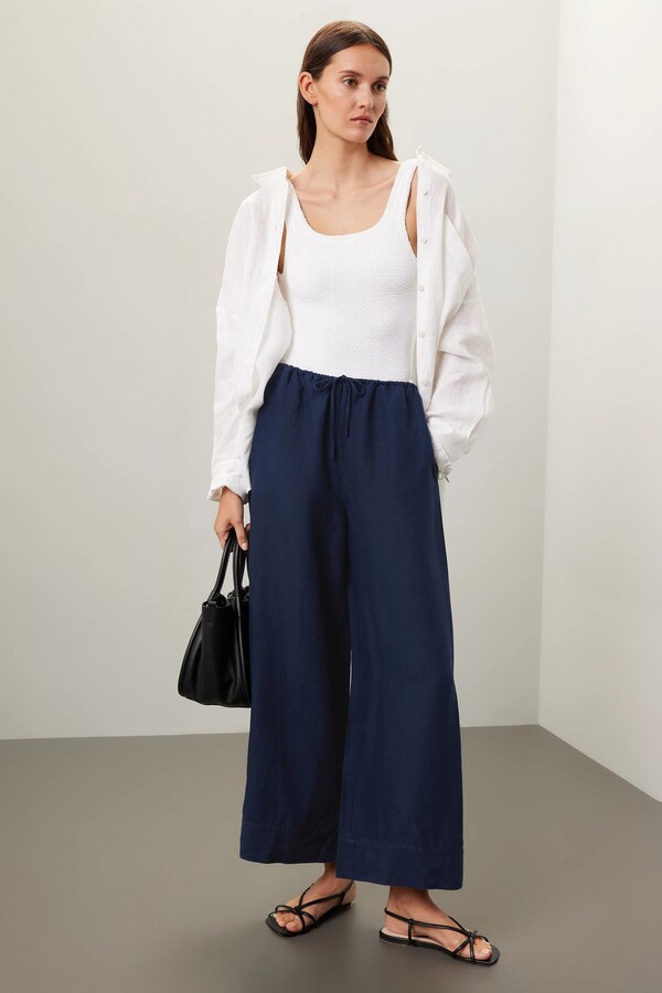 Onia Air Linen Wide Leg Drawstring Trousers Blue