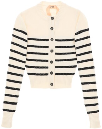 N°21 N.21 STRIPED CARDIGAN WITH CRYSTALS 40 White, Black Cotton