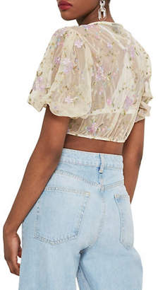 Topshop Embroidered Mesh Crop Ruffle Top