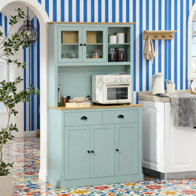 Latitude Run Pantry Storage Cabinet Freestanding Kitchen Buffet with Hutch with Drawers, Glass Doors, and Adjustable Shelves