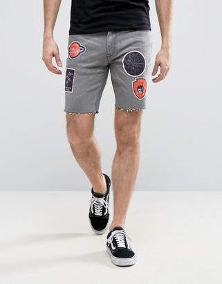 ASOS Denim Shorts In Skinny Gray With Raw Hem And Badges