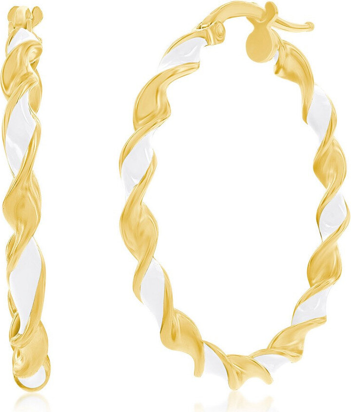 Simona Sterling Silver, White Enamel 30mm Twisted Hoop Earrings - Gold Plated