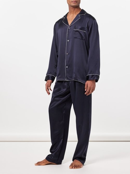 Zimmerli Logo-embroidered Piped Silk Pyjama Set - Navy - ShopStyle Pajamas