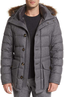 Moncler Rethel Fur-Trimmed Wool Jacket, Medium Gray