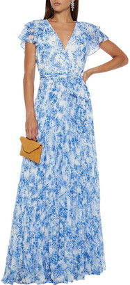 ML Monique Lhuillier Belted Pleated Printed Georgette Maxi Dress