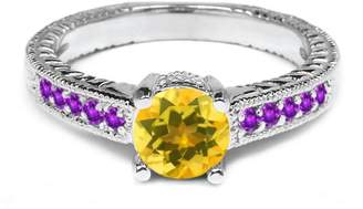 Gem Stone King 0.32 Ct Round Yellow Citrine Purple Amethyst 14K White Gold Engagement Ring